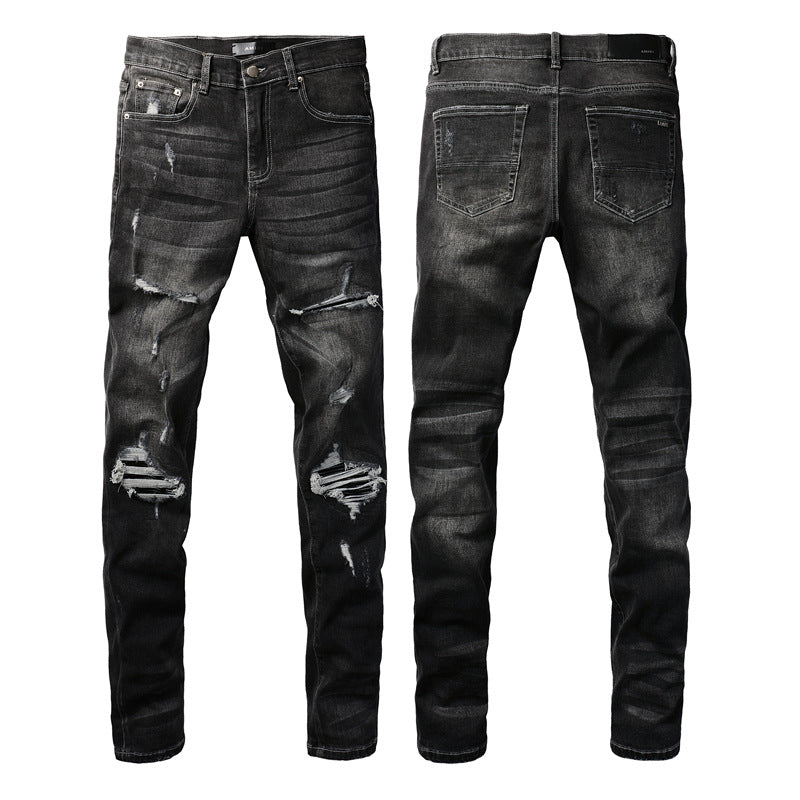 High Street Ripped Jeans Mens Patchwork Patches Star Stretch Slim Fit Pencil Pants 8829