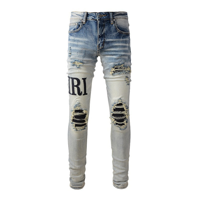 European and American High Street High Street Jeans Men's Ripped Patch Slim and Thin Pants #866