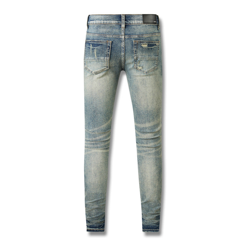 Mens Fashion Skinny Straight Slim Jeans 8602 Non-Elastic Ripped Denim with Knee Tears