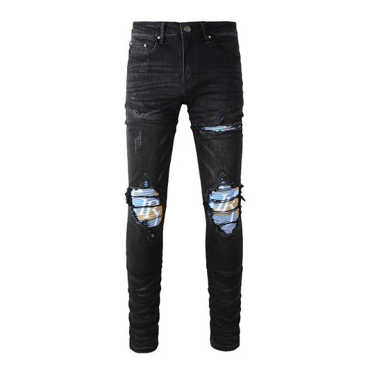 American Street Washing Craft Letter Patch Jeans Retro Men's Stretch Slim Jeans 1341