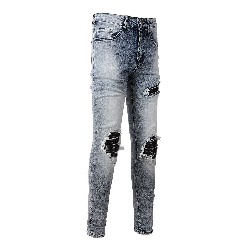 American Retro Jeans Trendy Men's Pu Leather Ripped Patch Slim-Fit Jeans #1338