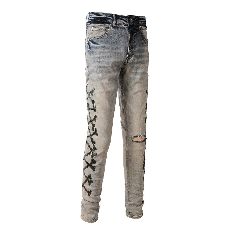 871 Trendy Jeans, Ripped Embroidered Bones, Skin Stickers, Elastic, Slim-fitting Small-footed Jeans