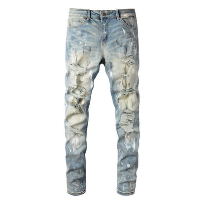 Cross-border Jeans Trendy Brand Retro Paint Ripped Patch Men's Jeans Slim Fit (6530-8830)