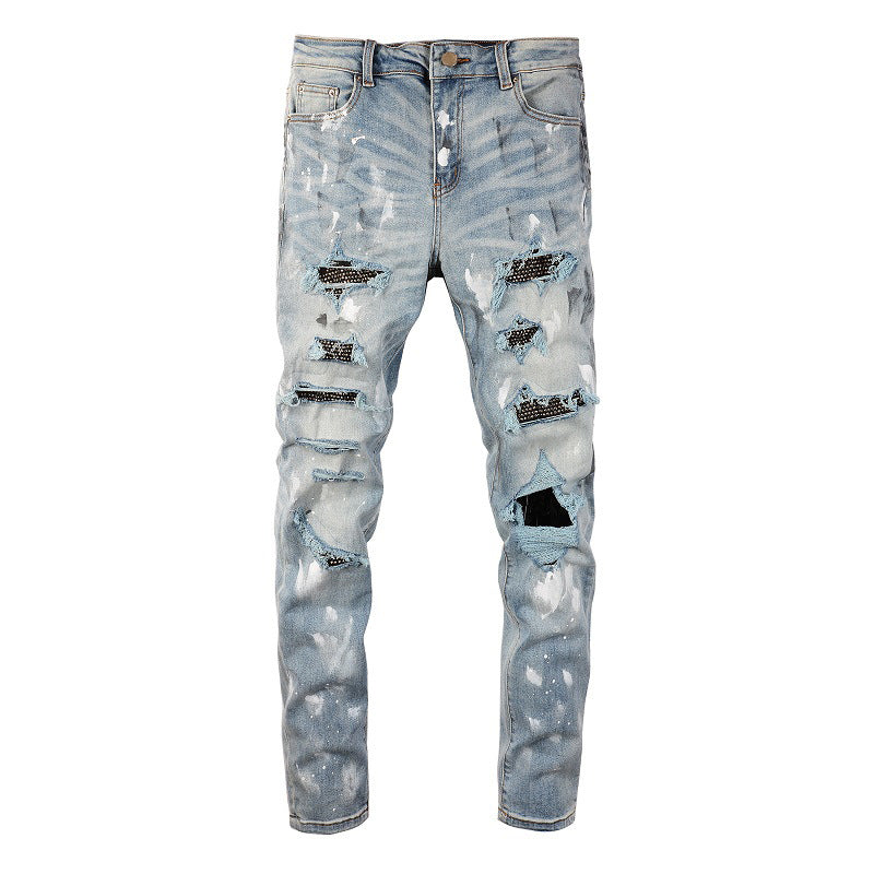 Cross-border Slim-fit High Street Jeans Trendy Brand Paint Diamond-encrusted Ripped Patch Men's Jeans 6626