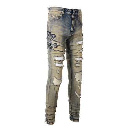 6611 Retro Trendy Brand Embroidered Cobra Ripped Patch Jeans Elastic Slim Denim