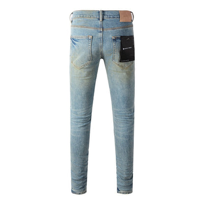 Chic Light Blue Denim Pants 9076 with Fashionable Distressed Accents