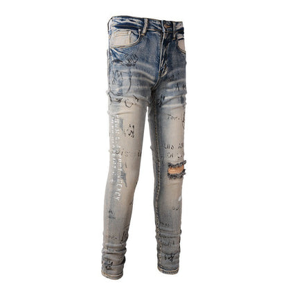 869 Fashion Street Spray Paint Colorful Letter Denim Cotton Youth Slim Jeans