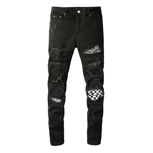 8538 Trendy High Street Ripped Patch Diamond-encrusted Thin Men's Jeans Slim Fit