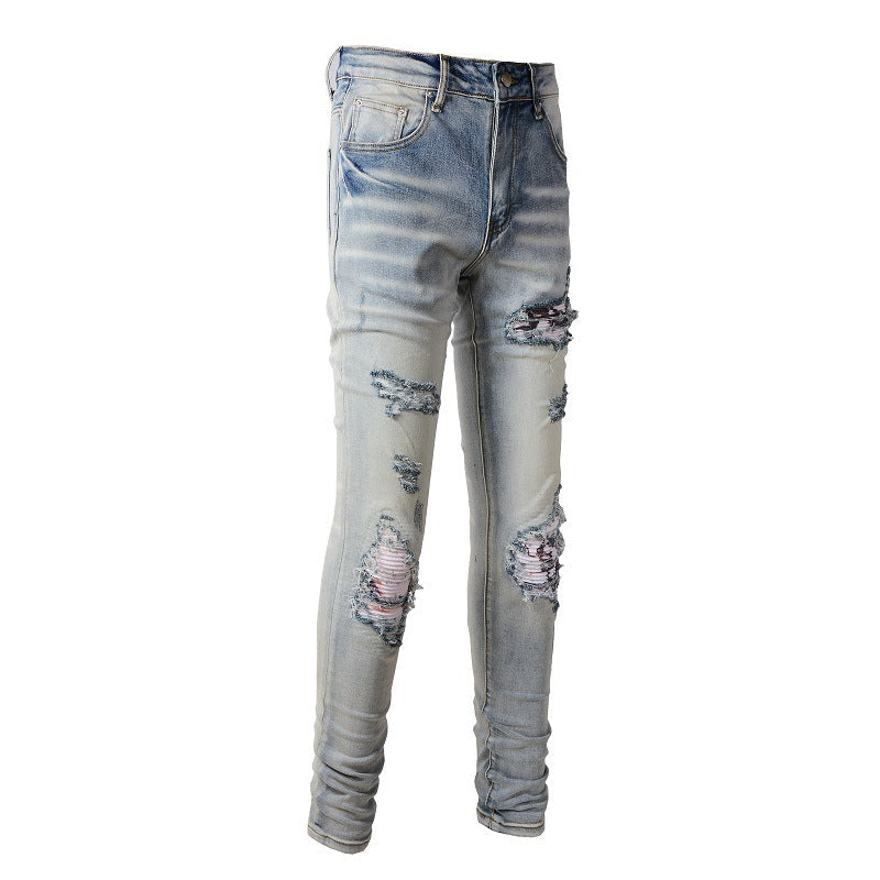 SoldOut European and American Street Tide Ripped Patch Jeans High Street Tide Slim Pants Denim