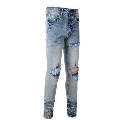 Personalized Printing Ripped Patch Jeans for Men, A Large-size Jeans for Foreign Trade