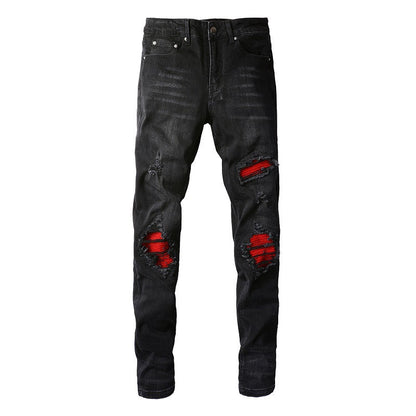 European and American Street Tide Ripped Patch Jeans High Street Trendy Men Slim Pants Jeans 886