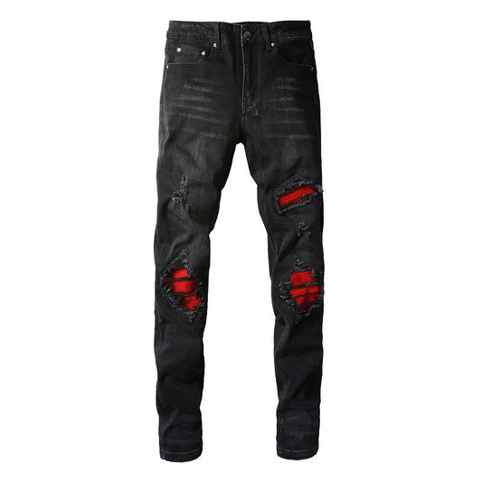 European and American Street Tide Ripped Patch Jeans High Street Trendy Men Slim Pants Jeans 886