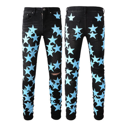 Jeans Pentagram Splicing Trend Jeans High Craft Elastic Slim High Street Jeans