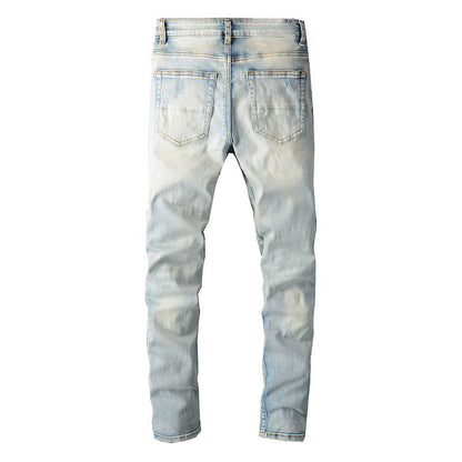 Street Denim Casual Trousers Micro-elastic Cotton Youth Blue Ripped Skinny Jeans #697