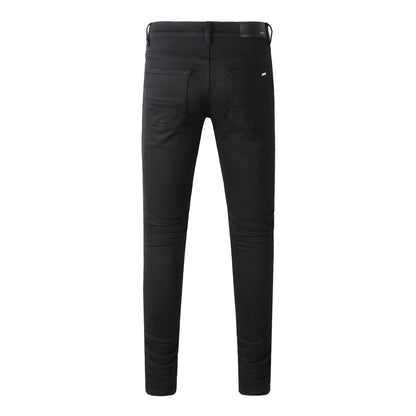 Slim Fit Black Stretch Jeans with Versatile Design and Faux Leather Panels 8607