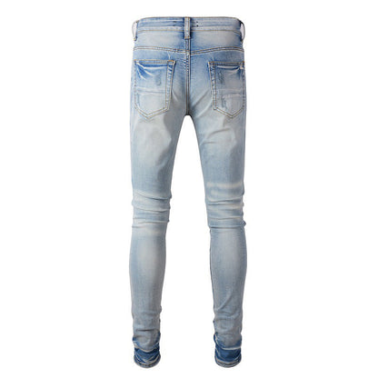 High Street Trendy Jeans Men's Ripped Patch Jeans Trendy Slim-Fit Pants