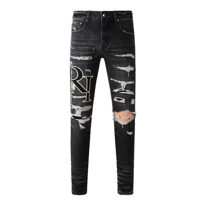 Stylish Black Distressed Jeans with Washed Effect and Unique Lettered Patchwork and Rips 8836