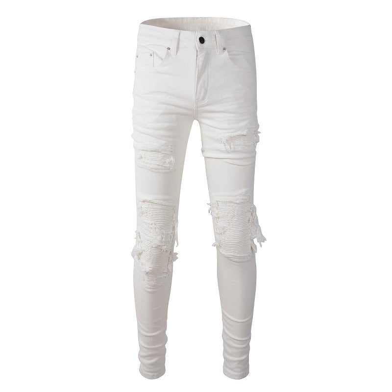 High Street Trendy Men's Slim-Fit Jeans Ripped Patch Trendy Brand Pants White Casual Jeans 2592