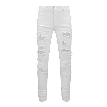 Men's Tight Fit White Jeans with Rhinestone and Patchwork for Street Style 625