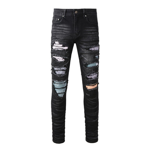 High Street Jeans Trendy Men's Ripped Colorful Patch Beggar Knee Jeans #1334