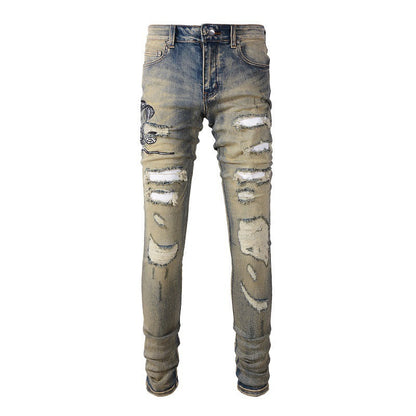 6611 Retro Trendy Brand Embroidered Cobra Ripped Patch Jeans Elastic Slim Denim