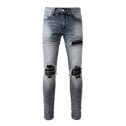 American Retro Jeans Trendy Men's Pu Leather Ripped Patch Slim-Fit Jeans #1338