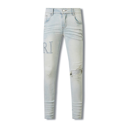 Fashionable Light Wash Jeans 8818 with Eye-Catching Rhinestone Letter Accents