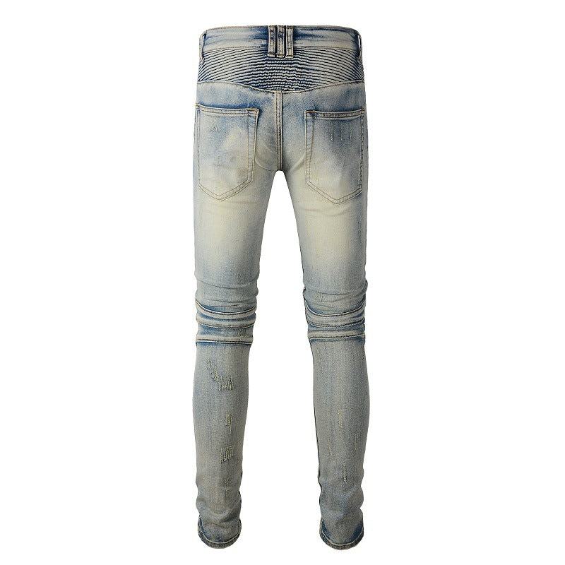 Hand-worn Beggar Style Old Slim-fitting Elastic Tide Brand Tailoring Locomotive Jeans 979