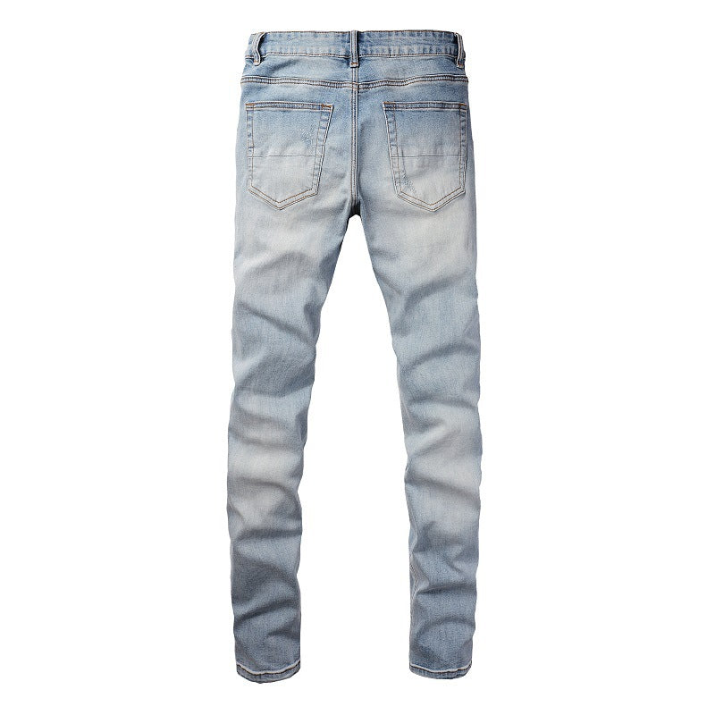 Cross-border Blue Diamond Hot Diamond Jeans Ripped High Street Patch Stretch Slim Jeans