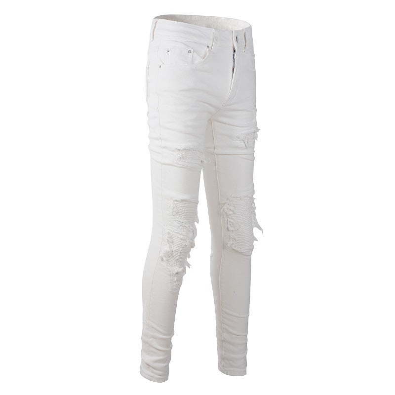 High Street Trendy Men's Slim-Fit Jeans Ripped Patch Trendy Brand Pants White Casual Jeans 2592