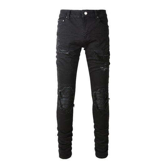 Men's Slim Fit Black Jeans with Wrinkled Details, Patches, and Ripped Design 602