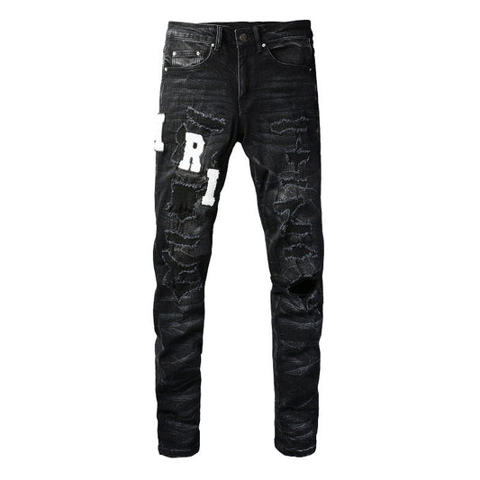 Street Jeans Leather Embroidered Letter Ripped Thread Patch Elastic Slim-fit Pants (1313-8815)