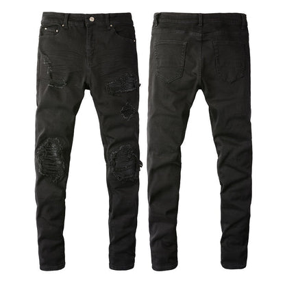 Men's Slim Fit Black Jeans with Wrinkled Details, Patches, and Ripped Design 602