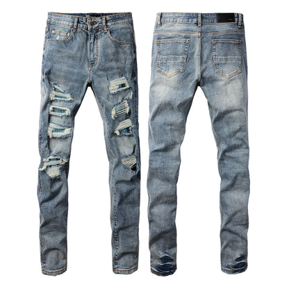 Fashionable Slim Fit Denim with a Washed Effect and Blue Rhinestone Embellishments 8835