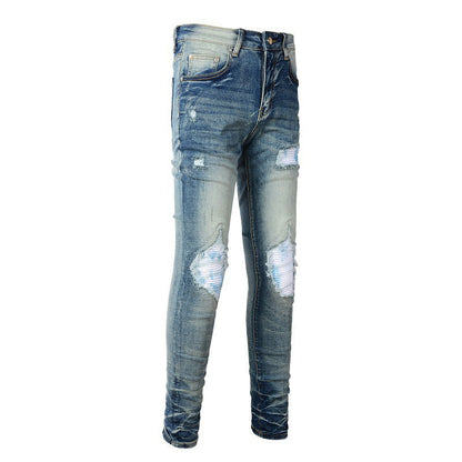 Men's Fashion Blue Jeans with White Patches and Ripped Stretch Design