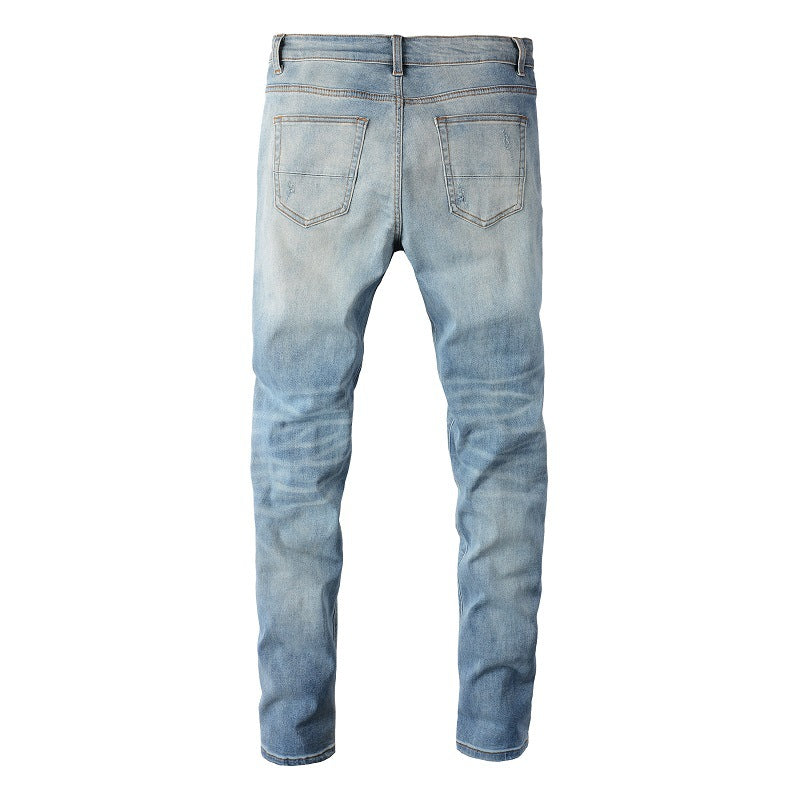 6665 High Street Trendy Brand Ripped Patch Jeans Retro Men's Elastic Slim High Street Jeans