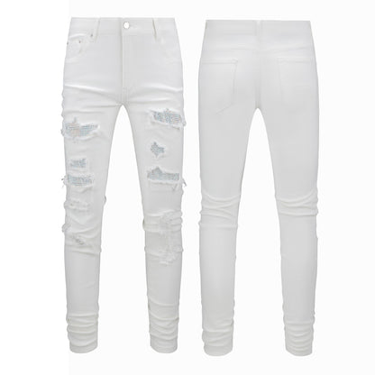 Men's Tight Fit White Jeans with Rhinestone and Patchwork for Street Style 625