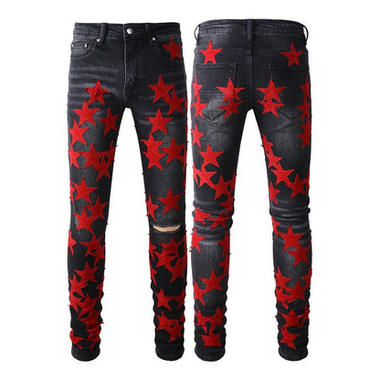 Jeans Pentagram Splicing Trend Jeans High Craft Elastic Slim High Street Jeans