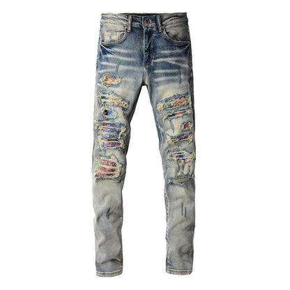 Europe, America High Street Ripped Patch Jeans Men's Patch Elastic Slim Small Foot Jeans 876