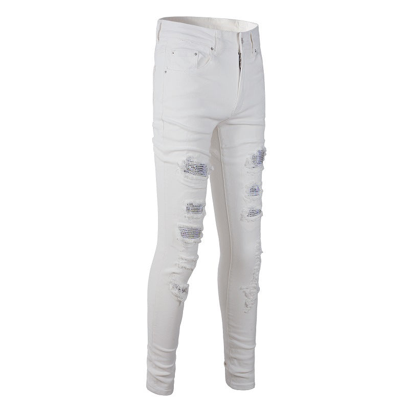 Foreign Trade Best-selling High Street Ripped Patch Diamond-encrusted Elastic Slim-fit White Jeans