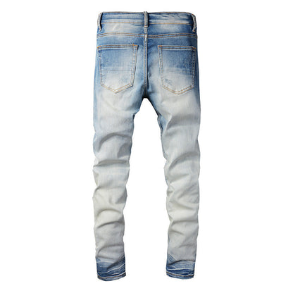 High Street Trendy Jeans Men's Ripped Patch Jeans Trendy Slim-Fit Pants #833