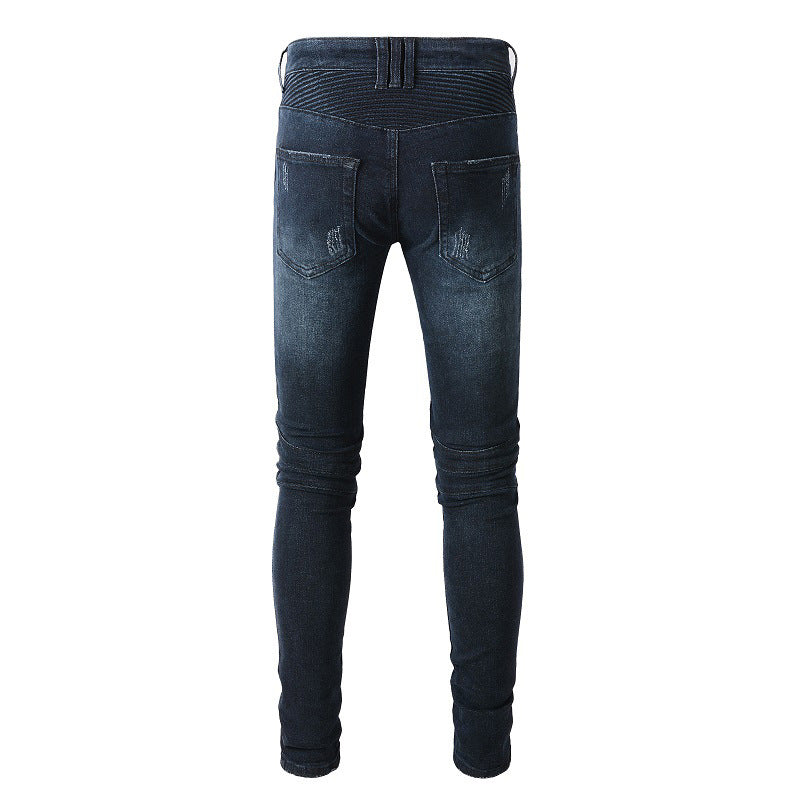 Dark Blue Trendy Multi-pocket Slim-fit Stretch Locomotive High Street Small-footed Jeans #1099