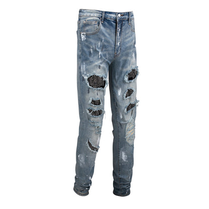 Men's Slim Fit Black Jeans with Paint Design and Patchwork Distressed Look 6626