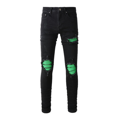 American Street Washing Process Green Patch Jeans Retro Men's Stretch Slim Jeans 8880