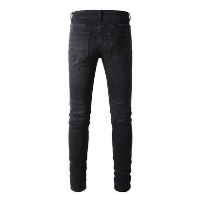 891 Slim Fit Stretch Black Washed Jeans with Versatile Faux Leather Accents