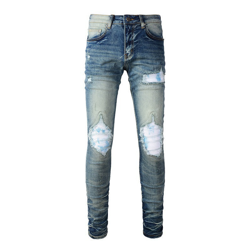 Men's Fashion Blue Jeans with White Patches and Ripped Stretch Design