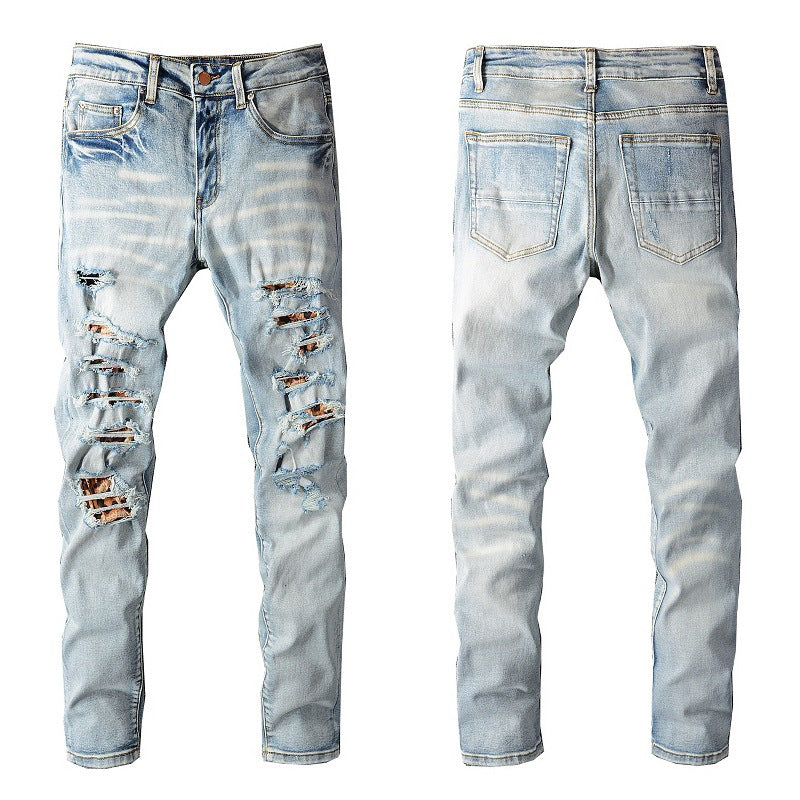 810 Cross-border Slim-fit High Street Jeans Trendy Brand Ripped Leopard Patch Men's Jeans