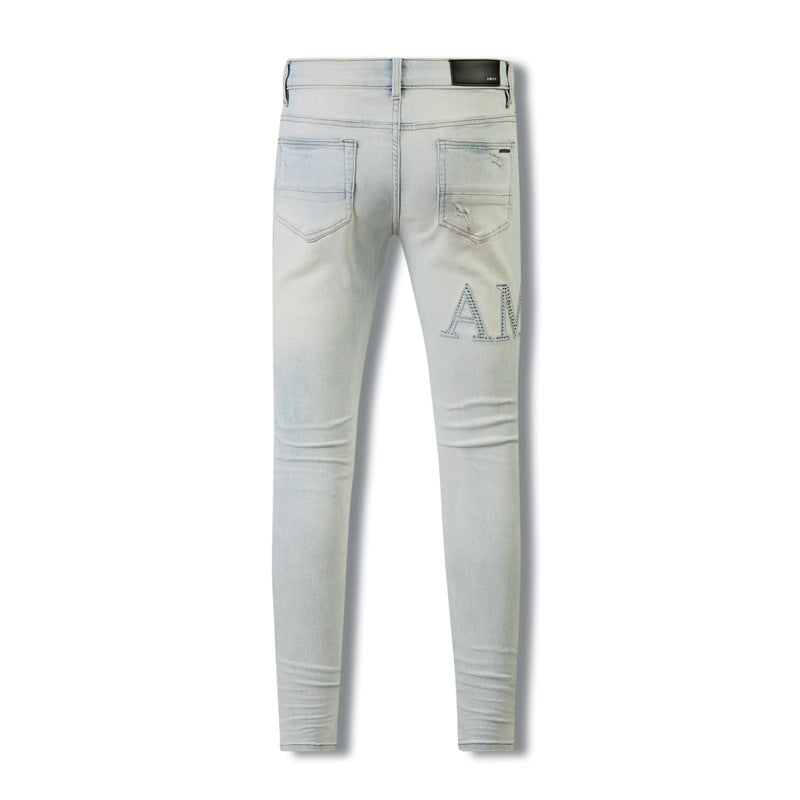 Fashionable Light Wash Jeans 8818 with Eye-Catching Rhinestone Letter Accents