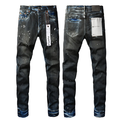 Mens Purple Skinny Jeans with Ripped Detail 9051 Fashionable Denim Biker Pants with Patches and Printed Design