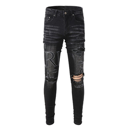 European and American Street Tide Ripped Letter Embroidery High Street Tide Slim-fit Pants Jeans 844